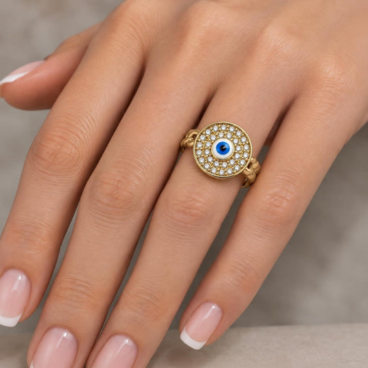 Oro Laminado Multi Stone Ring, Gold Filled Style Evil Eye and Concave Cuban Design, with White Micro Pave, Polished, Golden Finish