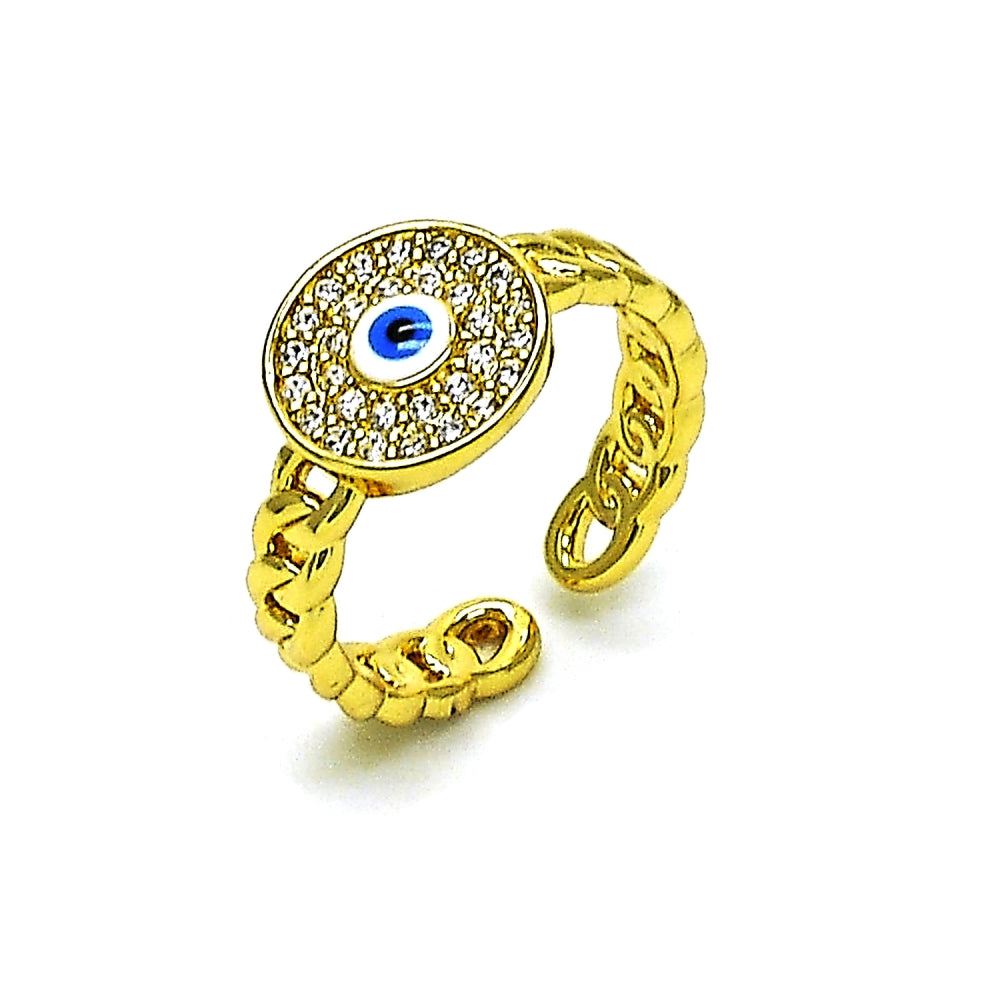 Oro Laminado Multi Stone Ring, Gold Filled Style Evil Eye and Concave Cuban Design, with White Micro Pave, Polished, Golden Finish