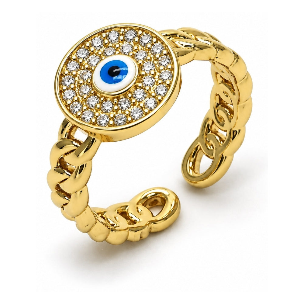 Oro Laminado Multi Stone Ring, Gold Filled Style Evil Eye and Concave Cuban Design, with White Micro Pave, Polished, Golden Finish