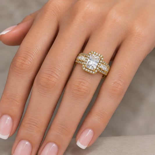 Oro Laminado Multi Stone Ring, Gold Filled Style Baguette Design, with White Cubic Zirconia and White Micro Pave, Polished, Golden Finish