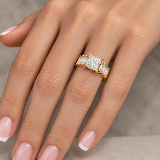 Oro Laminado Multi Stone Ring, Gold Filled Style Baguette Design, with White Cubic Zirconia, Polished, Golden Finish