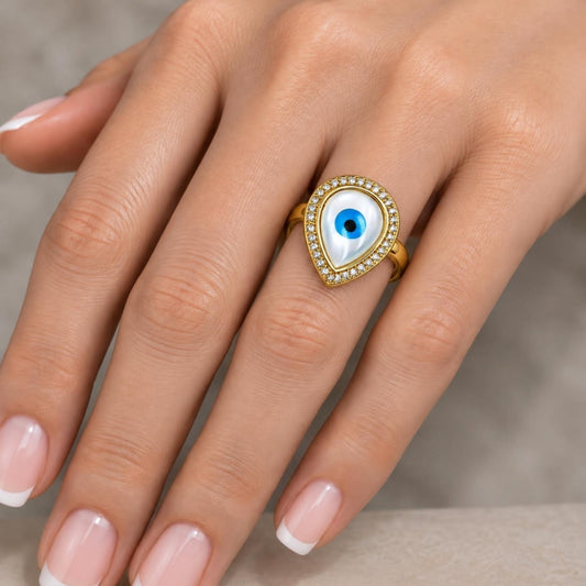 Oro Laminado Multi Stone Ring, Gold Filled Style Teardrop and Evil Eye Design, with White Micro Pave and Ivory Mother of Pearl, Polished, Golden Finish