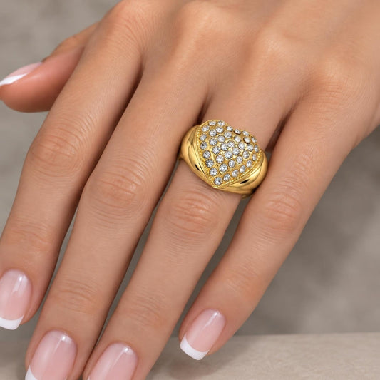 Oro Laminado Multi Stone Ring, Gold Filled Style Heart Design, with White Crystal, Polished, Golden Finish