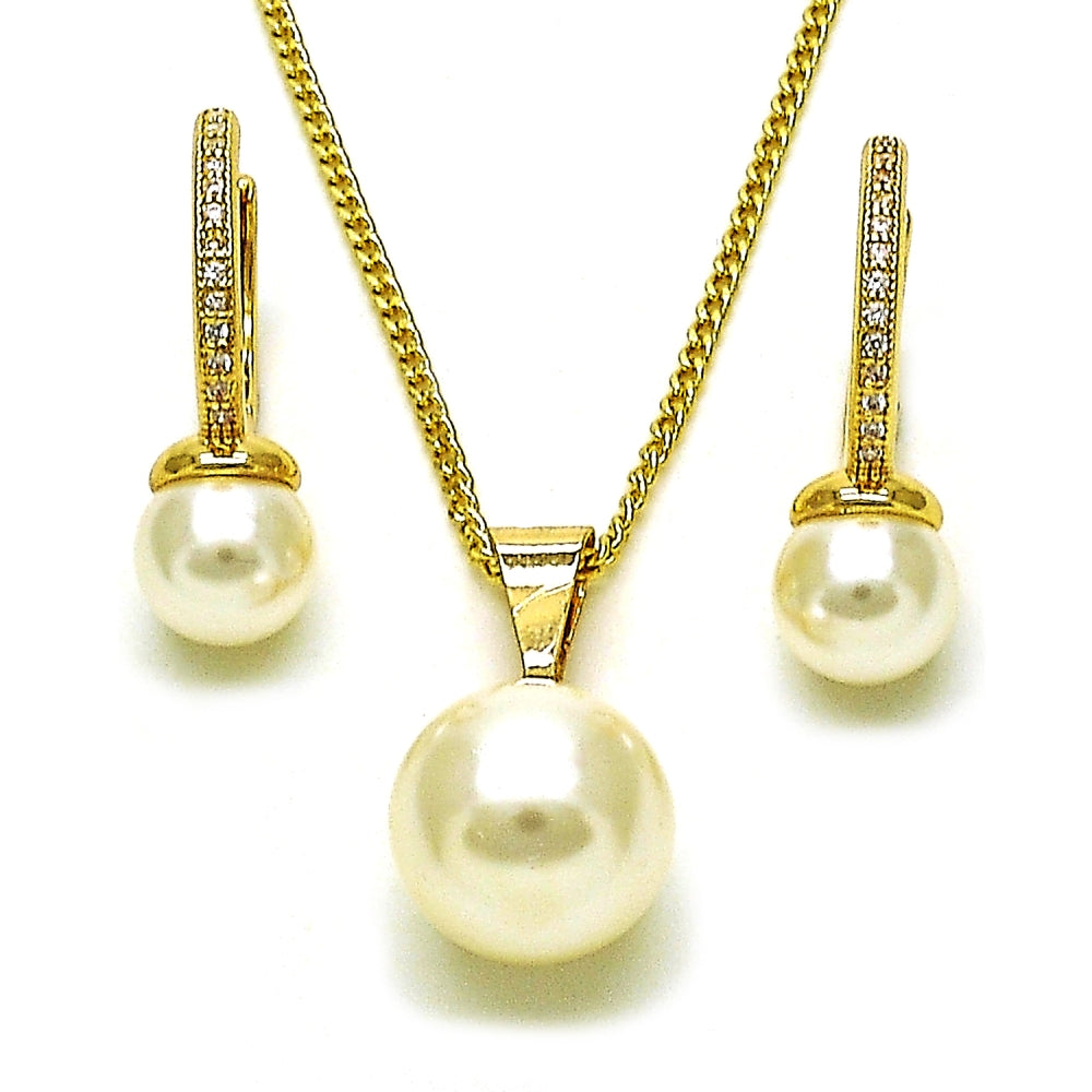 Oro Laminado Earring and Pendant Adult Set, Gold Filled Style Ball Design, with Ivory Pearl and White Micro Pave, Polished, Golden Finish