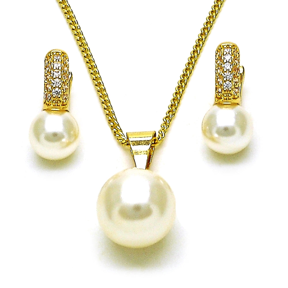 Oro Laminado Earring and Pendant Adult Set, Gold Filled Style Ball Design, with Ivory Pearl and White Micro Pave, Polished, Golden Finish