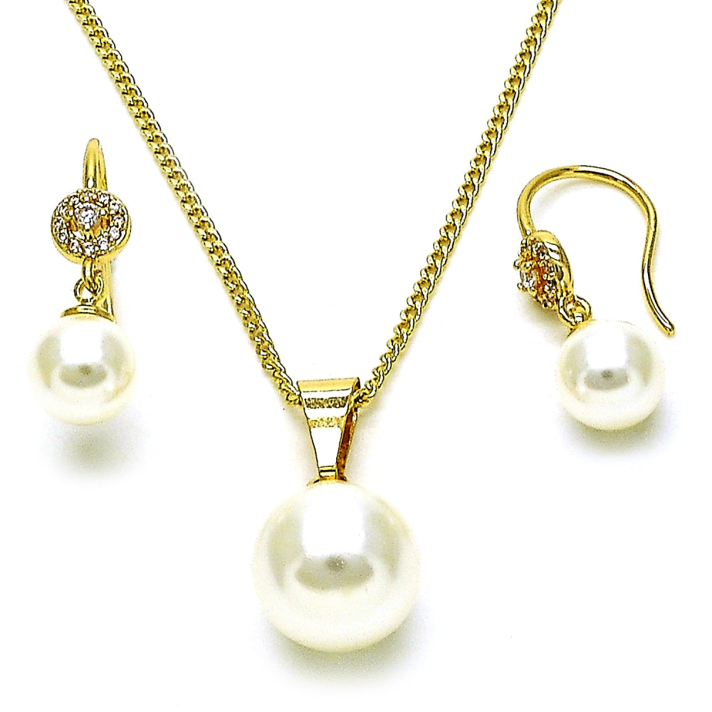 Oro Laminado Earring and Pendant Adult Set, Gold Filled Style Ball Design, with Ivory Pearl and White Micro Pave, Polished, Golden Finish