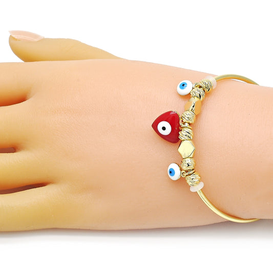 Oro Laminado Individual Bangle, Gold Filled Style Heart and Evil Eye Design, Red Enamel Finish, Golden Finish