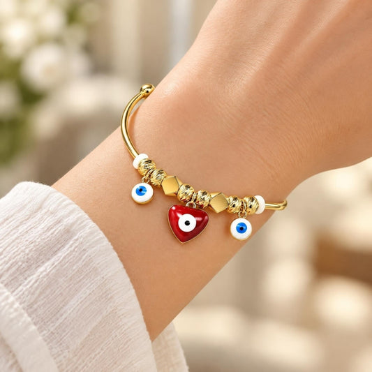 Oro Laminado Individual Bangle, Gold Filled Style Heart and Evil Eye Design, Red Enamel Finish, Golden Finish
