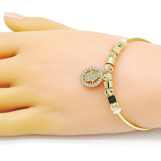 Oro Laminado Individual Bangle, Gold Filled Style Hand of God and Judaica Design, with White Micro Pave, Diamond Cutting Finish, Golden Finish