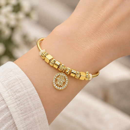 Oro Laminado Individual Bangle, Gold Filled Style Hand of God and Judaica Design, with White Micro Pave, Diamond Cutting Finish, Golden Finish