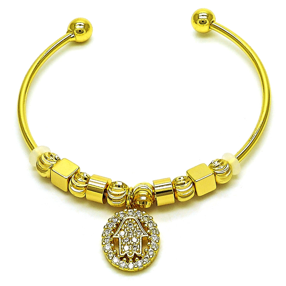 Oro Laminado Individual Bangle, Gold Filled Style Hand of God and Judaica Design, with White Micro Pave, Diamond Cutting Finish, Golden Finish