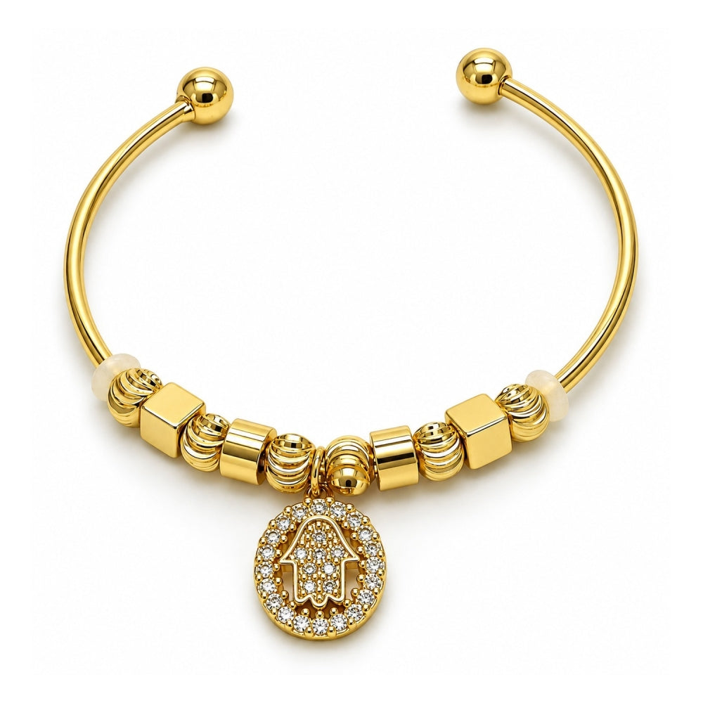Oro Laminado Individual Bangle, Gold Filled Style Hand of God and Judaica Design, with White Micro Pave, Diamond Cutting Finish, Golden Finish