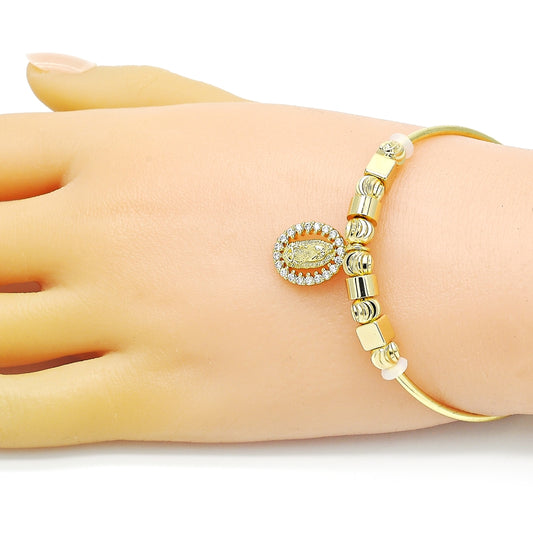 Oro Laminado Individual Bangle, Gold Filled Style Guadalupe Design, with White Micro Pave, Diamond Cutting Finish, Golden Finish
