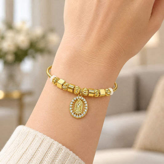 Oro Laminado Individual Bangle, Gold Filled Style Guadalupe Design, with White Micro Pave, Diamond Cutting Finish, Golden Finish