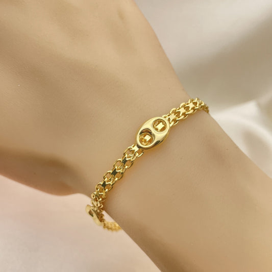 Oro Laminado Fancy Bracelet, Gold Filled Style Puff Mariner and Bismark Design, Polished, Golden Finish