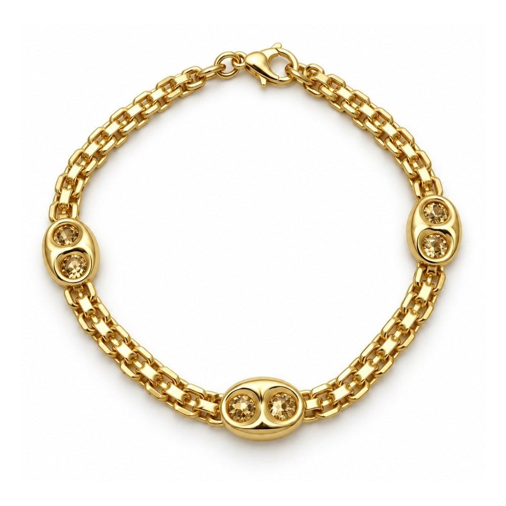 Oro Laminado Fancy Bracelet, Gold Filled Style Puff Mariner and Bismark Design, Polished, Golden Finish