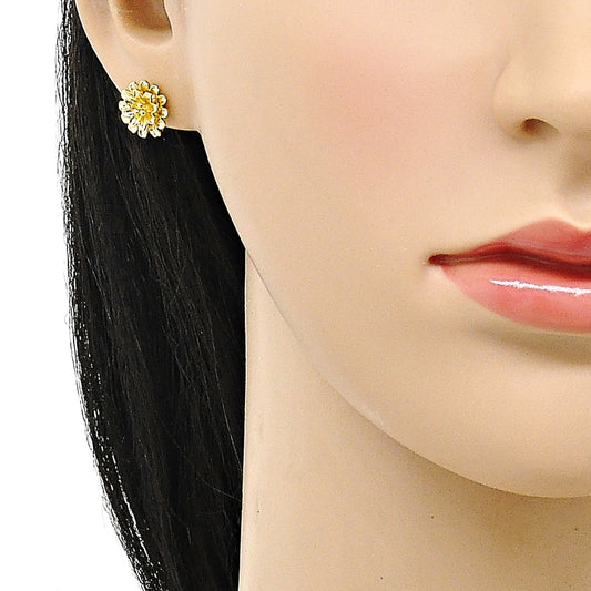 Oro Laminado Stud Earring, Gold Filled Style Flower Design, Polished, Golden Finish