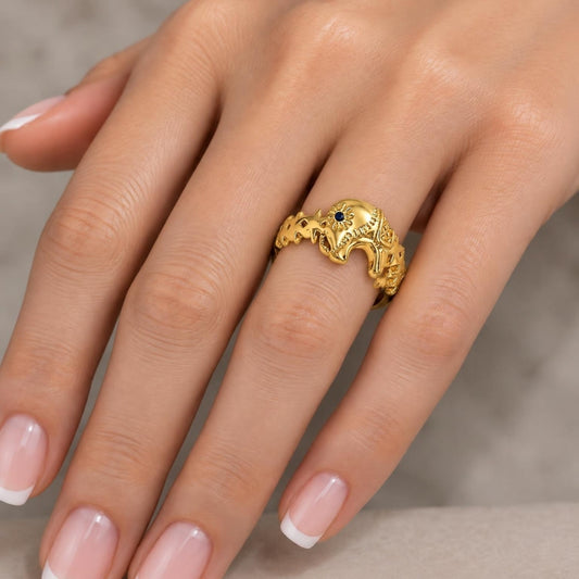 Oro Laminado Multi Stone Ring, Gold Filled Style Elephant Design, with Black Micro Pave, Polished, Golden Finish