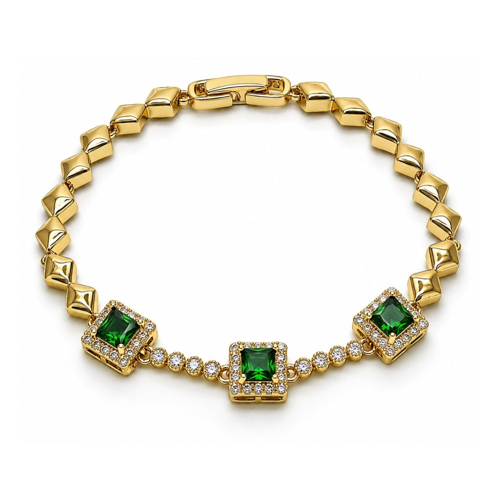 Oro Laminado Fancy Bracelet, Gold Filled Style with Green and White Cubic Zirconia, Polished, Golden Finish