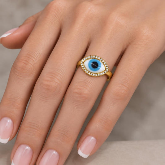 Oro Laminado Multi Stone Ring, Gold Filled Style Evil Eye Design, with White Crystal and White Micro Pave, Polished, Golden Finish