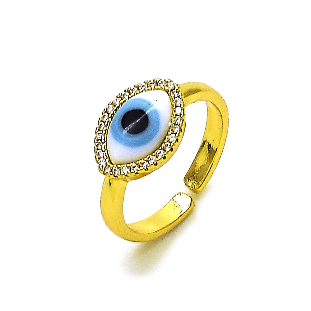 Oro Laminado Multi Stone Ring, Gold Filled Style Evil Eye Design, with White Crystal and White Micro Pave, Polished, Golden Finish