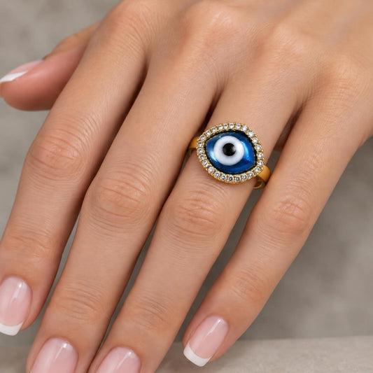 Oro Laminado Multi Stone Ring, Gold Filled Style Evil Eye Design, with Light Sapphire Crystal and White Micro Pave, Polished, Golden Finish