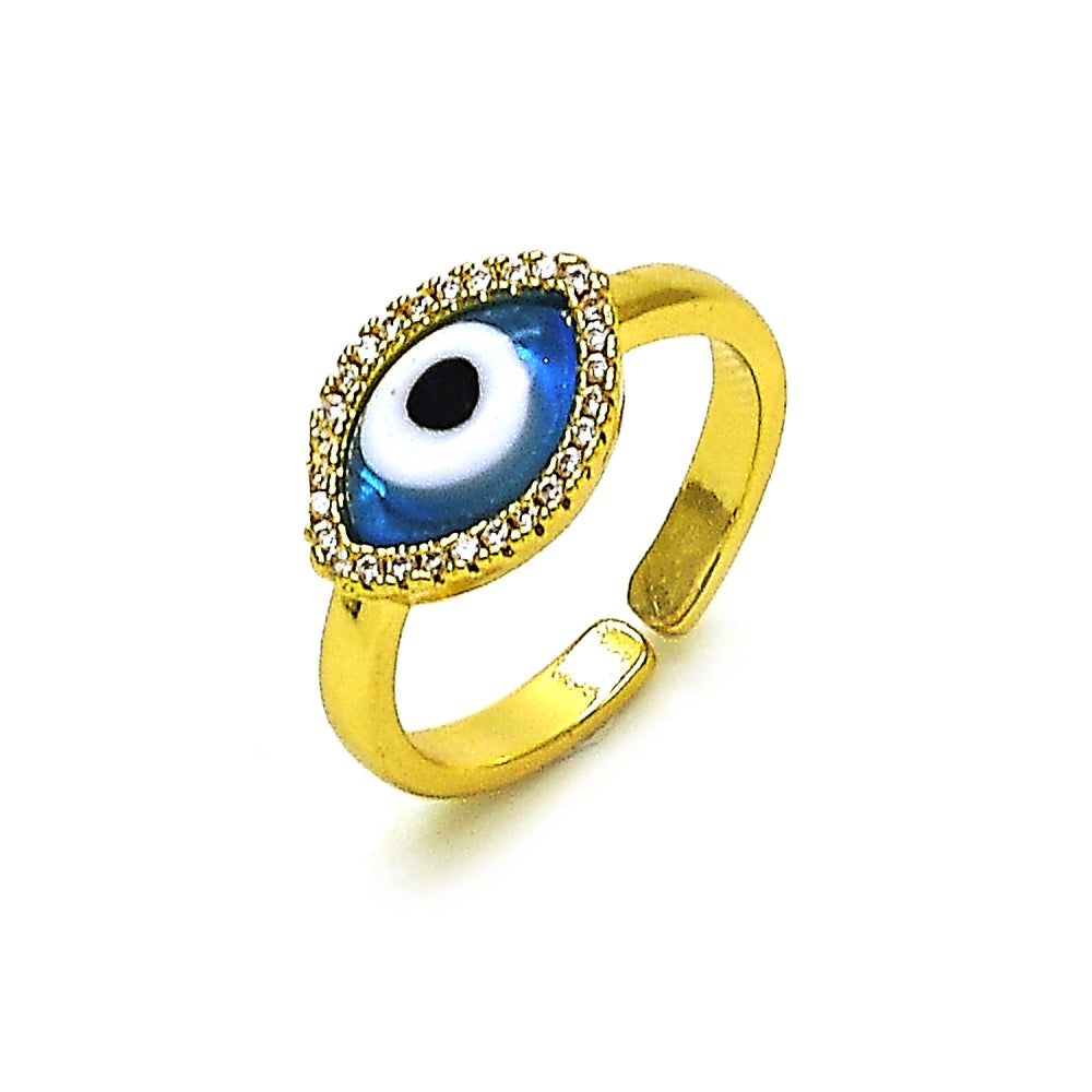 Oro Laminado Multi Stone Ring, Gold Filled Style Evil Eye Design, with Light Sapphire Crystal and White Micro Pave, Polished, Golden Finish