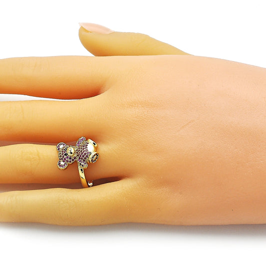 Oro Laminado Multi Stone Ring, Gold Filled Style Teddy Bear Design, with Ruby and Black Micro Pave, Polished, Golden Finish