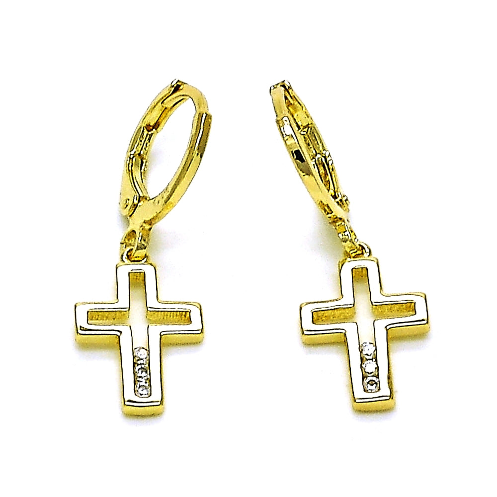 Oro Laminado Dangle Earring, Gold Filled Style Cross Design, with White Cubic Zirconia, Polished, Golden Finish