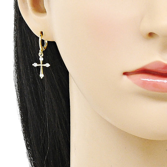 Oro Laminado Dangle Earring, Gold Filled Style Cross Design, with White Cubic Zirconia, Polished, Golden Finish