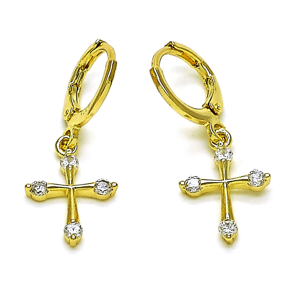 Oro Laminado Dangle Earring, Gold Filled Style Cross Design, with White Cubic Zirconia, Polished, Golden Finish