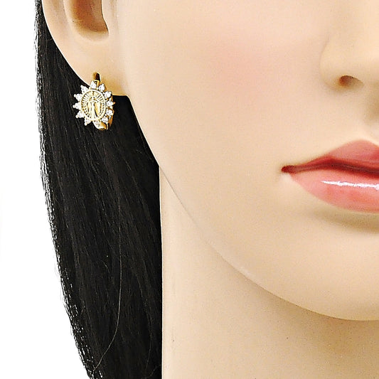 Oro Laminado Huggie Hoop, Gold Filled Style Virgen Maria Design, with White Cubic Zirconia, Polished, Golden Finish