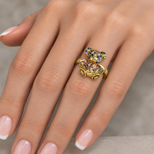 Oro Laminado Multi Stone Ring, Gold Filled Style Teddy Bear Design, with Multicolor Micro Pave, Polished, Golden Finish