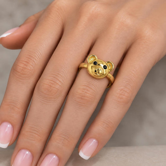 Oro Laminado Multi Stone Ring, Gold Filled Style Teddy Bear Design, with Black Cubic Zirconia, Polished, Golden Finish