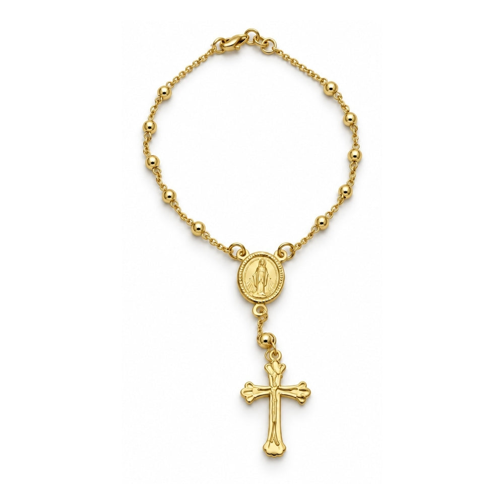 Oro Laminado Bracelet Rosary, Gold Filled Style Cross and Altagracia Design, Polished, Golden Finish