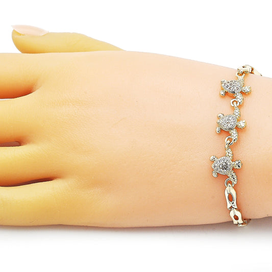 Oro Laminado Fancy Bracelet, Gold Filled Style Turtle Design, with White Micro Pave, Polished, Golden Finish