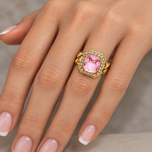 Oro Laminado Multi Stone Ring, Gold Filled Style Curb Design, with Pink Cubic Zirconia and White Micro Pave, Polished, Golden Finish