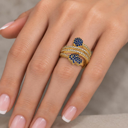 Oro Laminado Multi Stone Ring, Gold Filled Style Hand of God and Judaica Design, with Sapphire Blue and White Micro Pave, Polished, Golden Finish