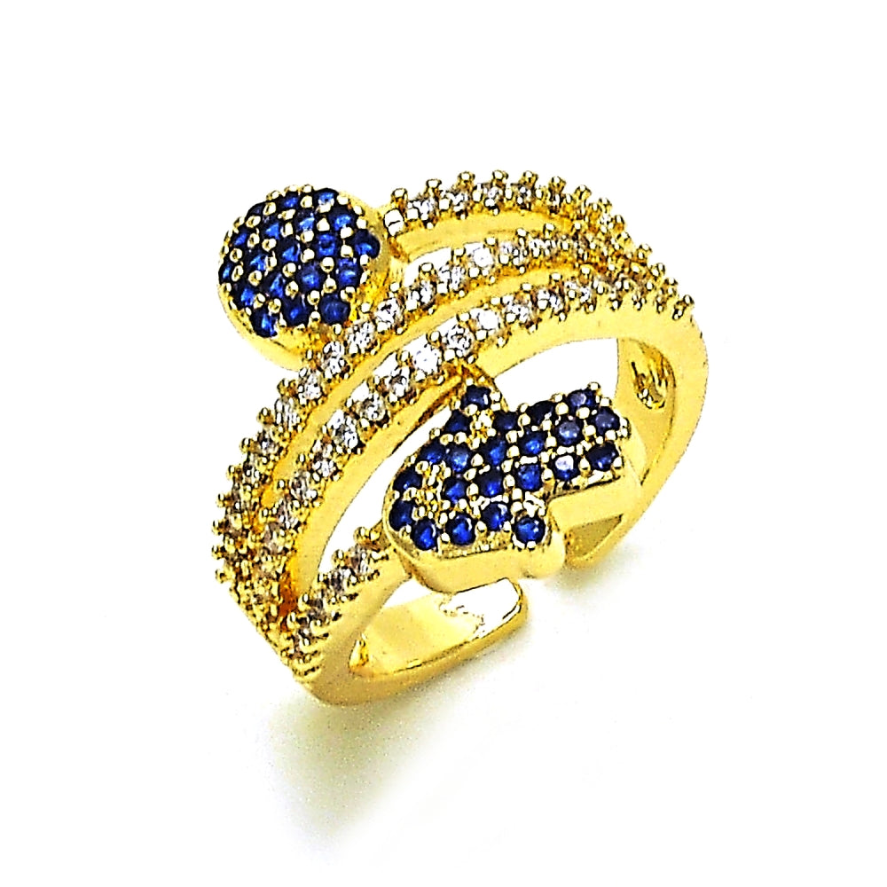 Oro Laminado Multi Stone Ring, Gold Filled Style Hand of God and Judaica Design, with Sapphire Blue and White Micro Pave, Polished, Golden Finish