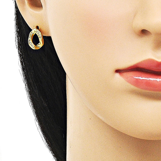 Oro Laminado Stud Earring, Gold Filled Style Twist Design, with White Micro Pave, Polished, Golden Finish