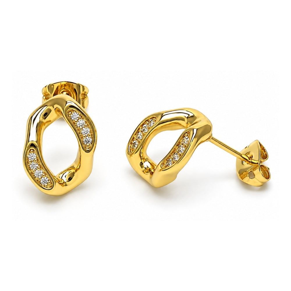 Oro Laminado Stud Earring, Gold Filled Style Twist Design, with White Micro Pave, Polished, Golden Finish
