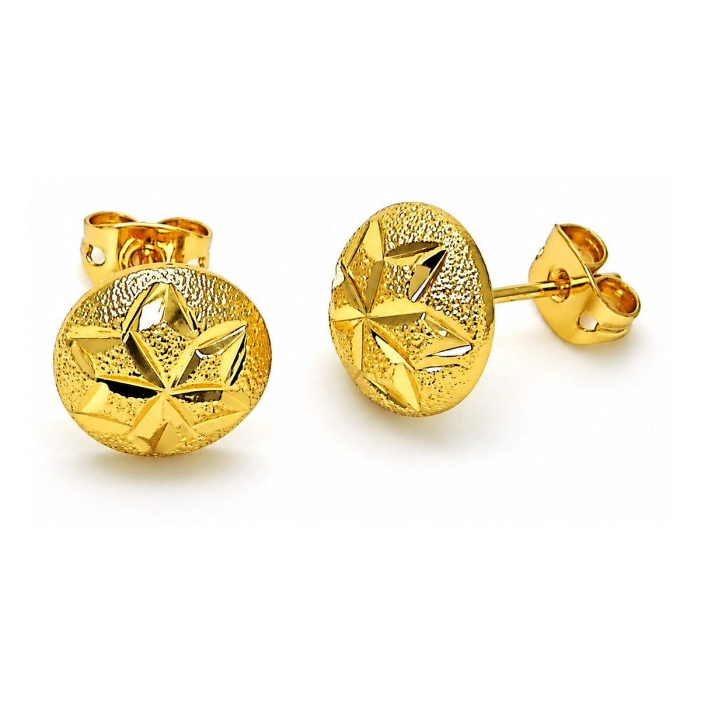 Oro Laminado Stud Earring, Gold Filled Style Star and Flower Design, Diamond Cutting Finish, Golden Finish