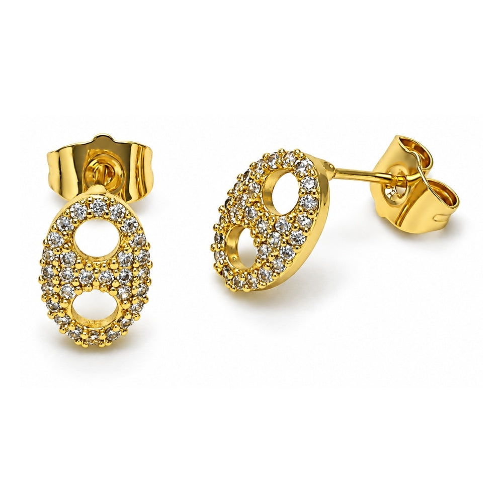 Oro Laminado Stud Earring, Gold Filled Style Puff Mariner Design, with White Micro Pave, Polished, Golden Finish