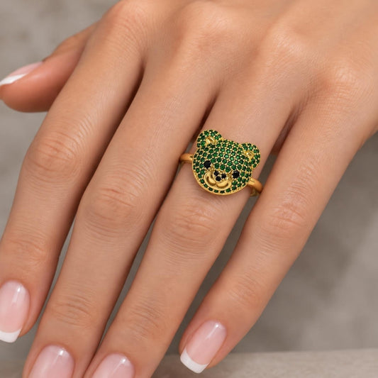 Oro Laminado Multi Stone Ring, Gold Filled Style Teddy Bear Design, with Green and Black Micro Pave, Polished, Golden Finish