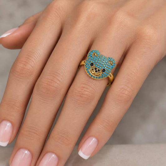 Oro Laminado Multi Stone Ring, Gold Filled Style Teddy Bear Design, with Turquoise and Black Micro Pave, Polished, Golden Finish