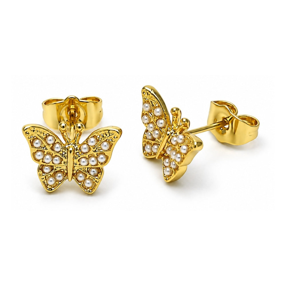 Oro Laminado Stud Earring, Gold Filled Style Butterfly Design, with Ivory Pearl, Polished, Golden Finish