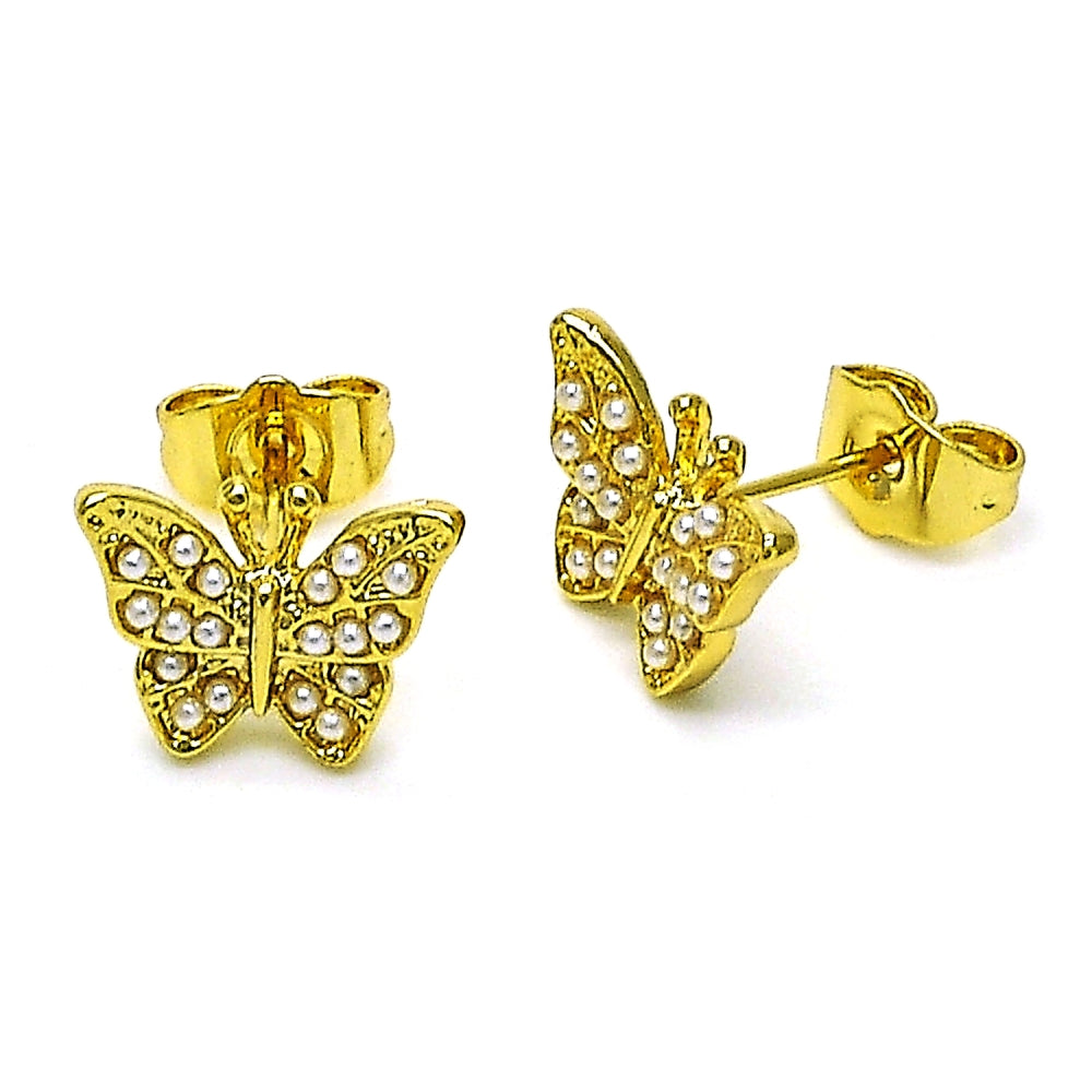 Oro Laminado Stud Earring, Gold Filled Style Butterfly Design, with Ivory Pearl, Polished, Golden Finish