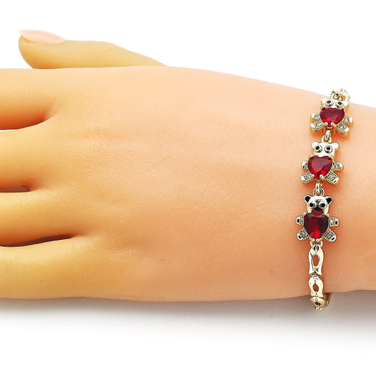 Oro Laminado Fancy Bracelet, Gold Filled Style Teddy Bear Design, with Garnet Cubic Zirconia and White Micro Pave, Polished, Golden Finish