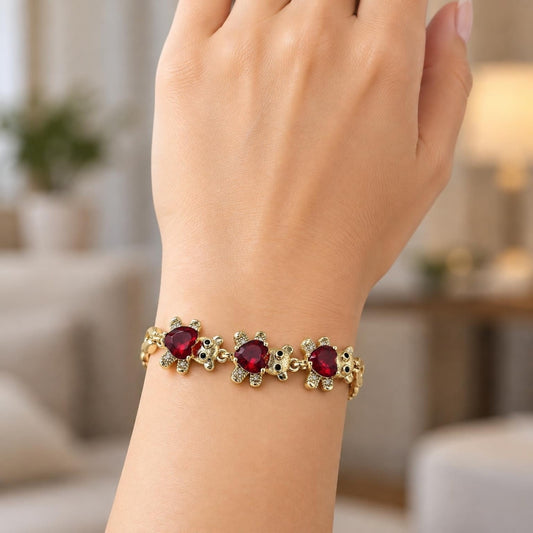 Oro Laminado Fancy Bracelet, Gold Filled Style Teddy Bear Design, with Garnet Cubic Zirconia and White Micro Pave, Polished, Golden Finish