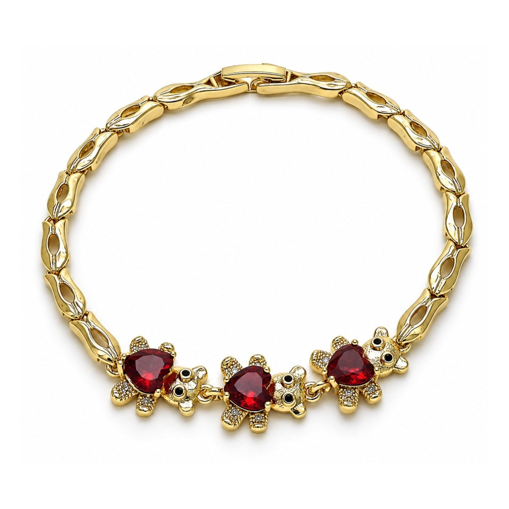 Oro Laminado Fancy Bracelet, Gold Filled Style Teddy Bear Design, with Garnet Cubic Zirconia and White Micro Pave, Polished, Golden Finish